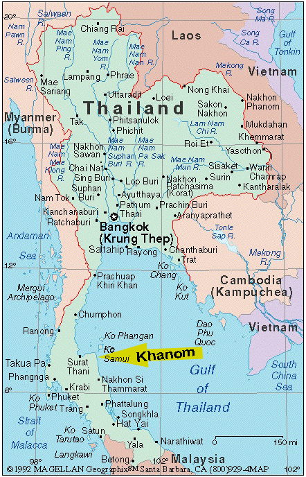 Khanon turistikohteen kartta, joka sijaitsee kartalla Ko Samui:n alapuolella.