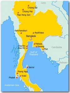 Thaimaan kartta, jossa näkyy Krabin sijainta ja myös Phuket, Samui, Bangkok ja Pattaya. 